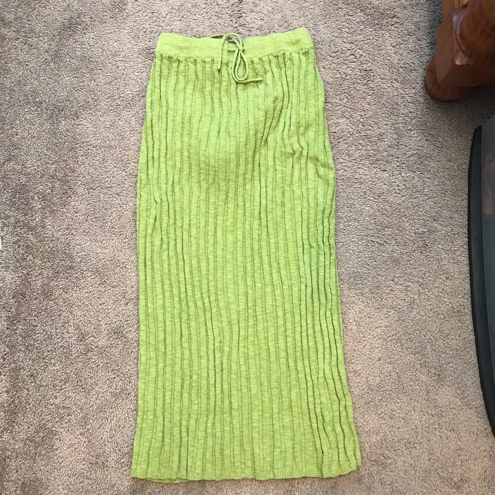FP BEACH Lime Green Ribbed Midi Long Drawstring Waist Skirt